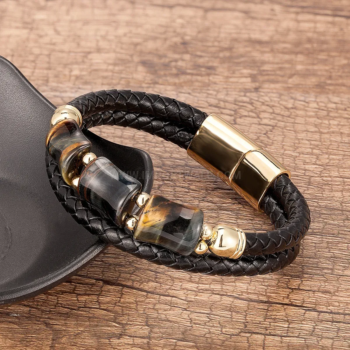 Handcrafted Woven Leather Tiger Eye Stone Stainless Steel Bracelet