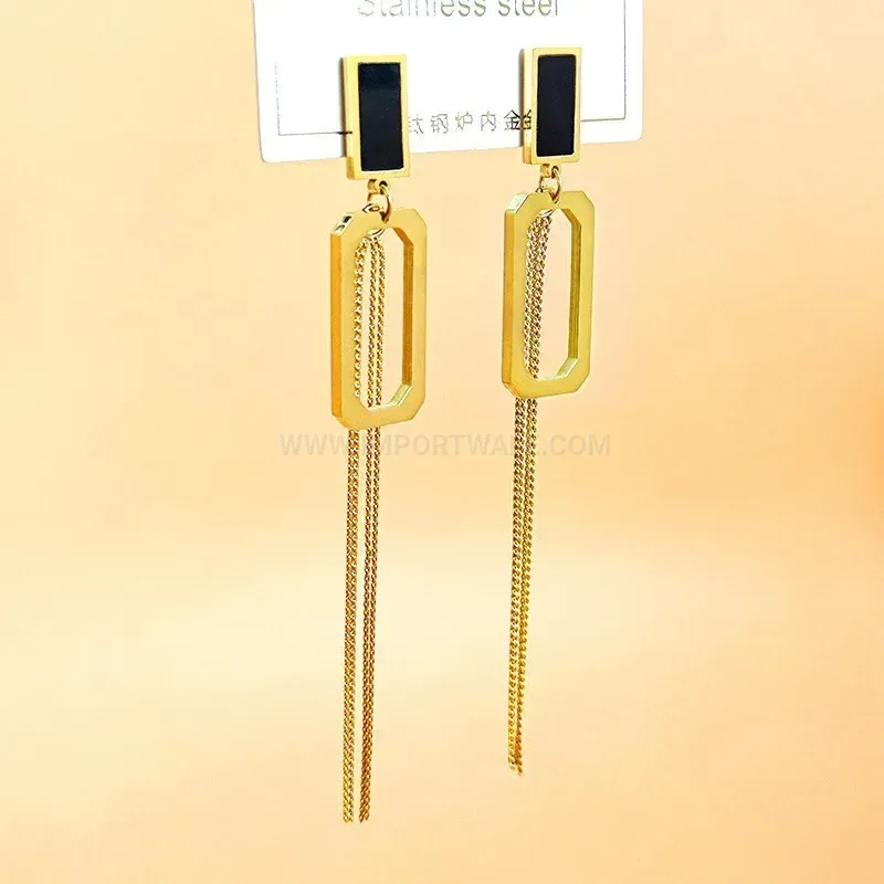 Long Square Tassel Titanium Steel Drop Earrings