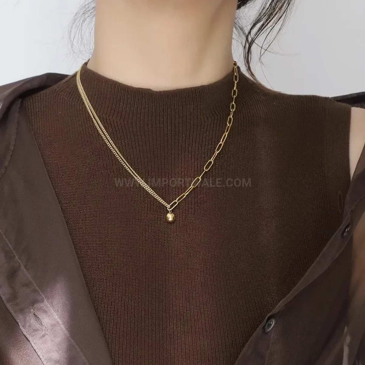 Bold Gold Plated Stainless Steel Small Golden Ball Pendant Necklace