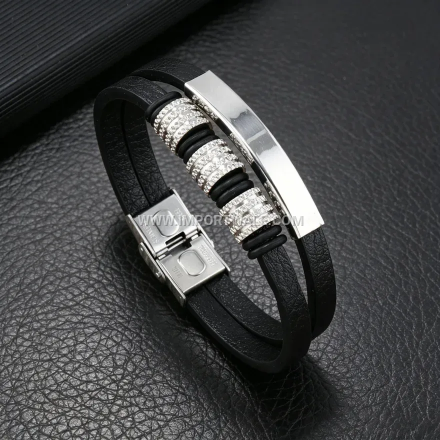 Stainless Steel Bead Braided Black Leather Men's Wristband