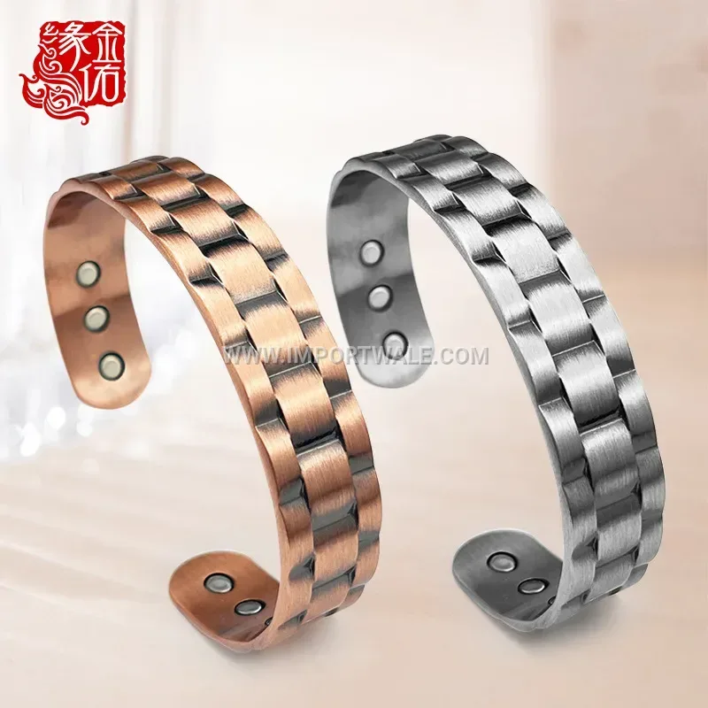 Adjustable Copper Magnetic Cuff Bracelet with Geometric Pattern