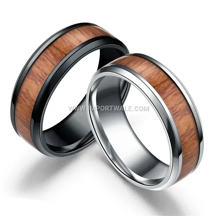 Wood Grain Inlaid Stainless Steel Band Ring