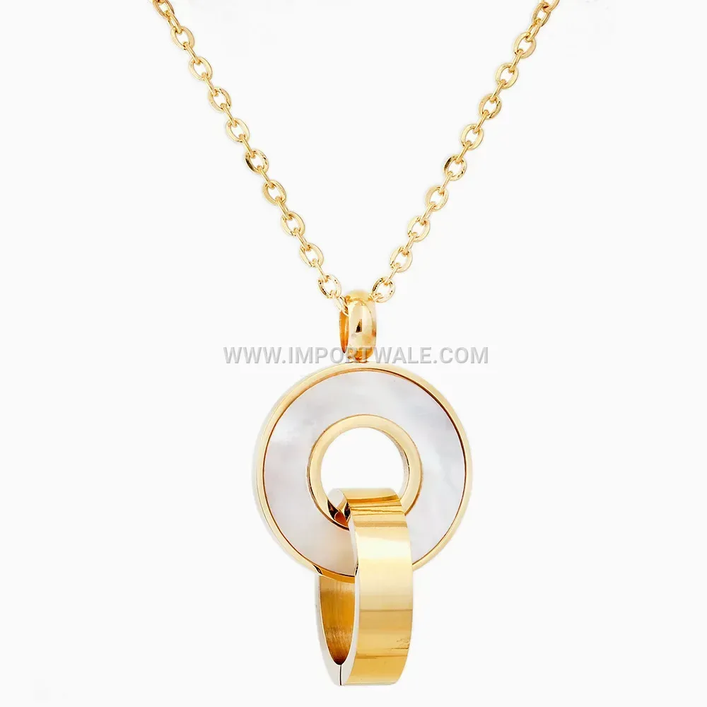 Double Ring Shell Inlaid Stainless Steel Pendant Necklace