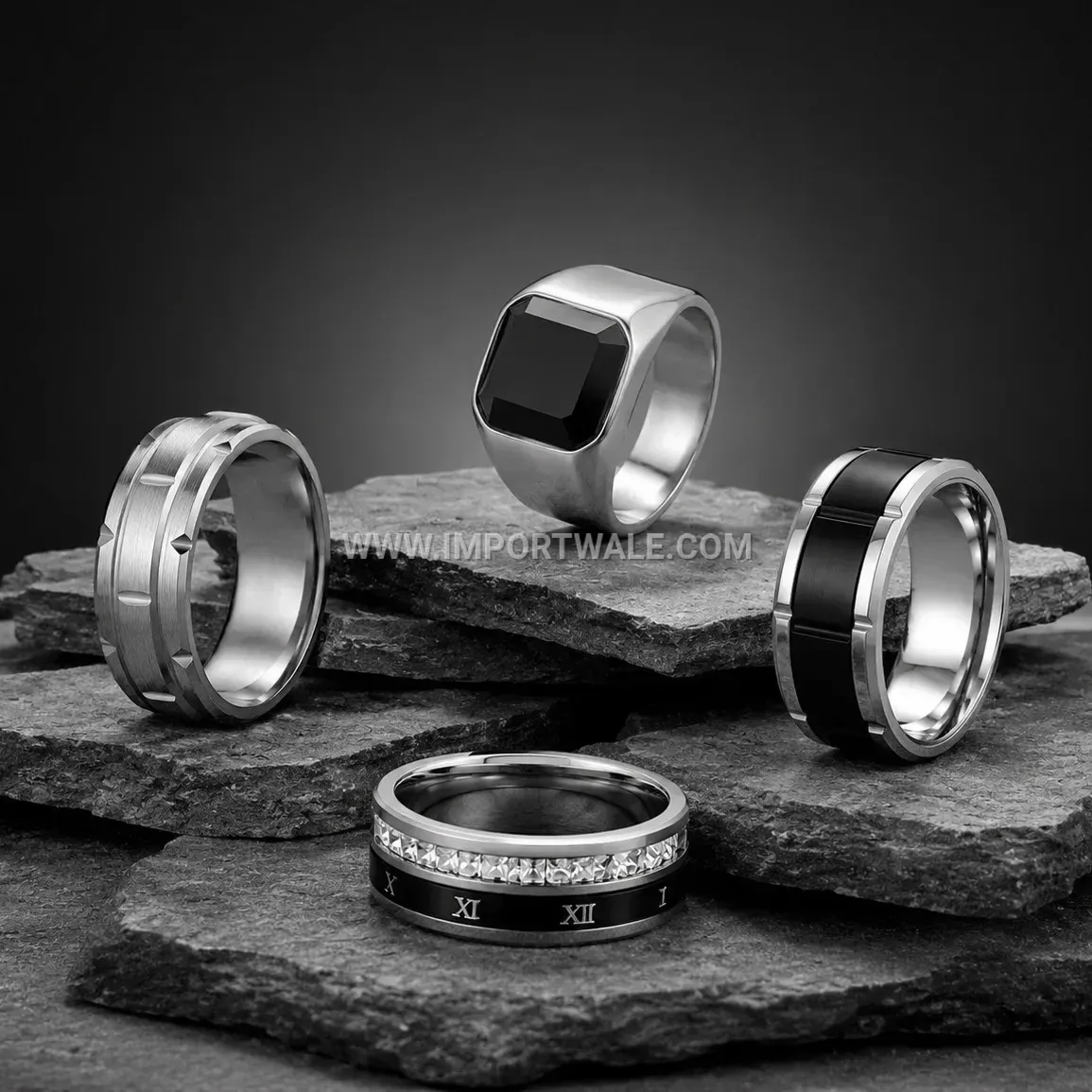 Roman Numeral Black Gemstone Stainless Steel Ring