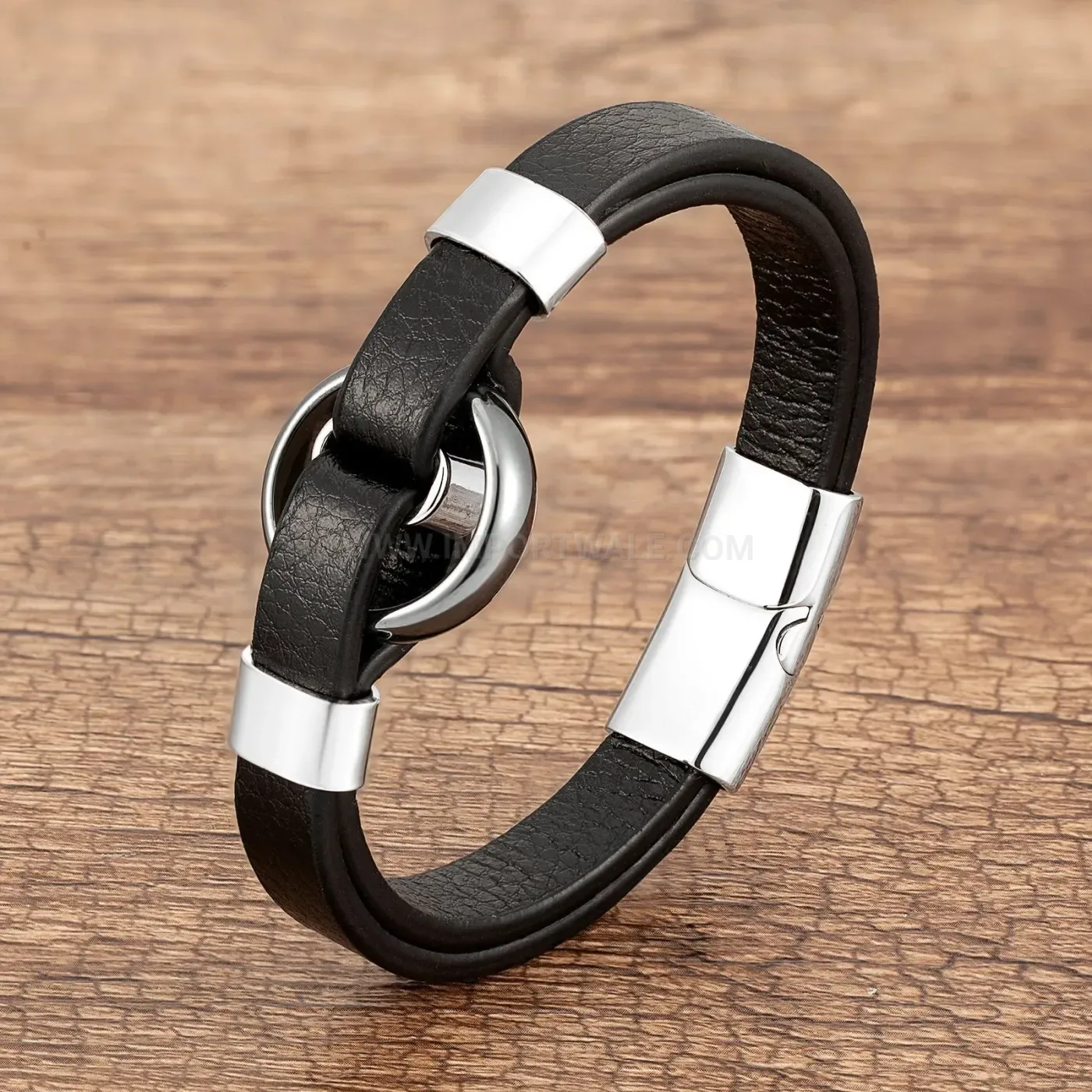 Beaded Natural Stone Leather Cord Wristband Stainless Steel Magnetic Clasp