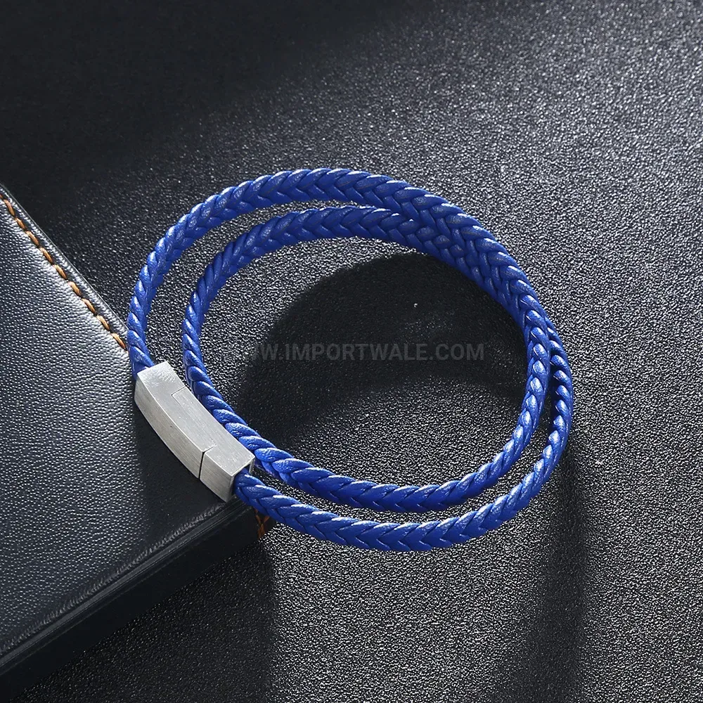 Double-Wrap Braided Leather Bracelet with Magnetic Stainless Steel Clasp