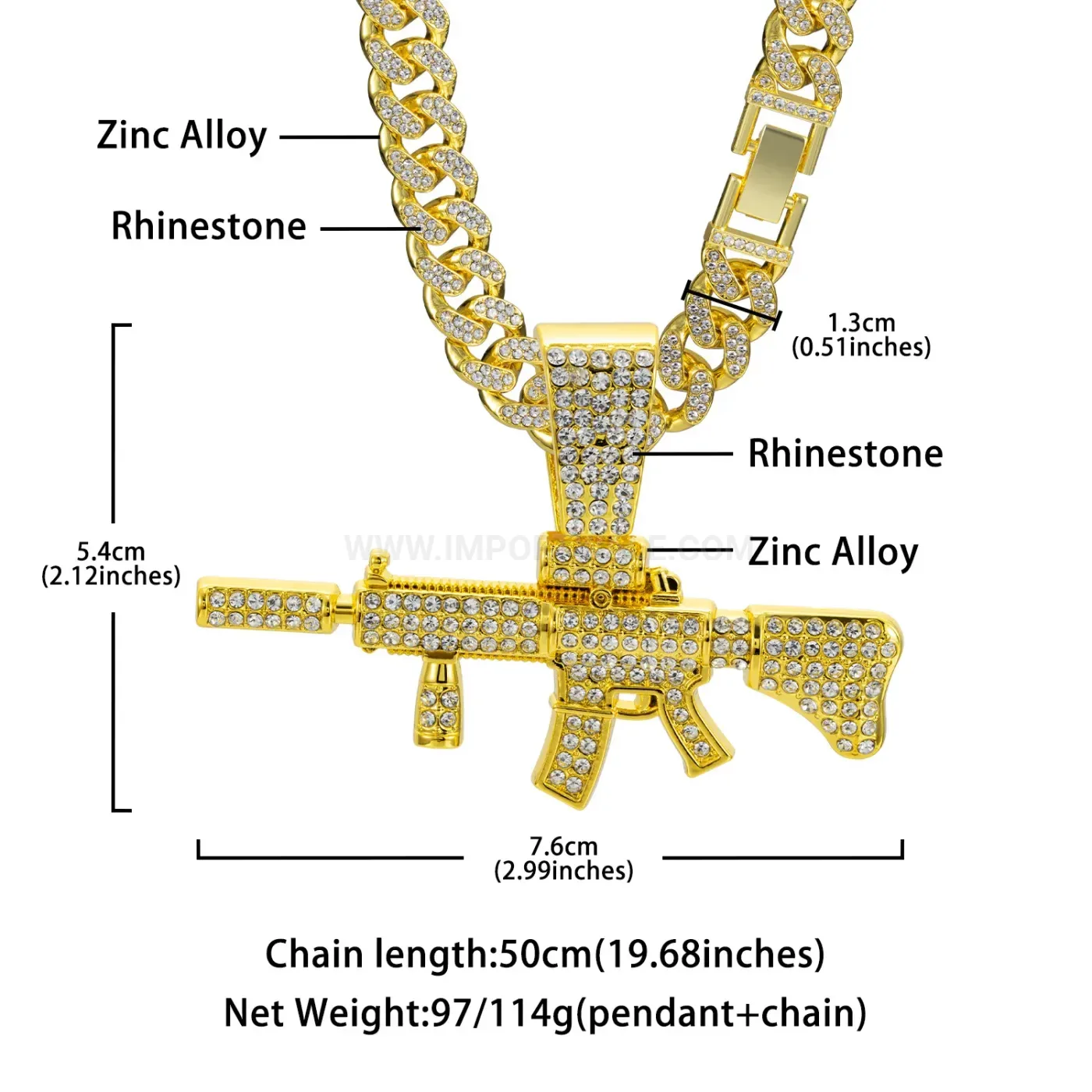 Iced Out M4A1 Assault Rifle Alloy Hip Hop Pendant Necklace