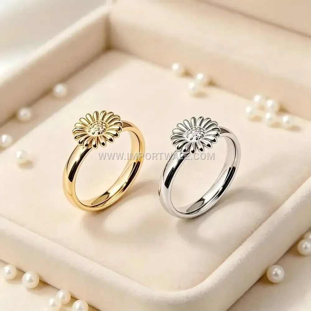 Engraved Sunflower Stainless Steel Band Ring with Gold Plating