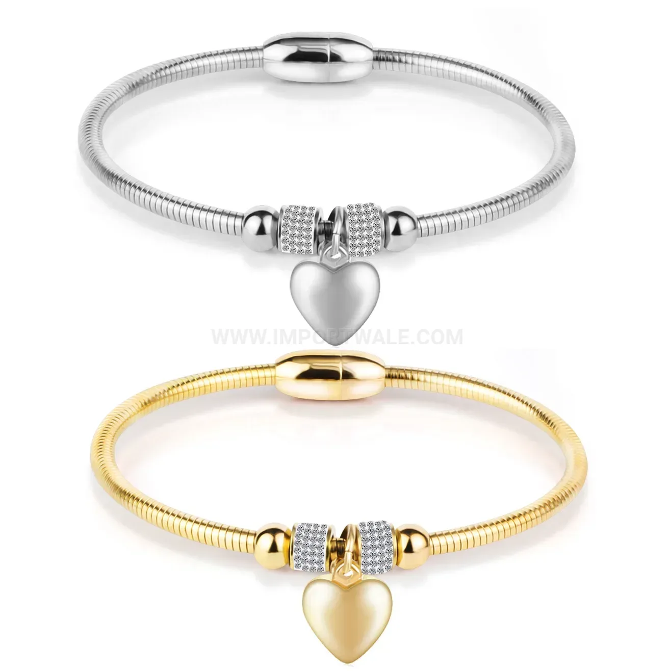 Polished Heart Stainless Steel Bangle with Crystal Accent and Magnetic Clasp