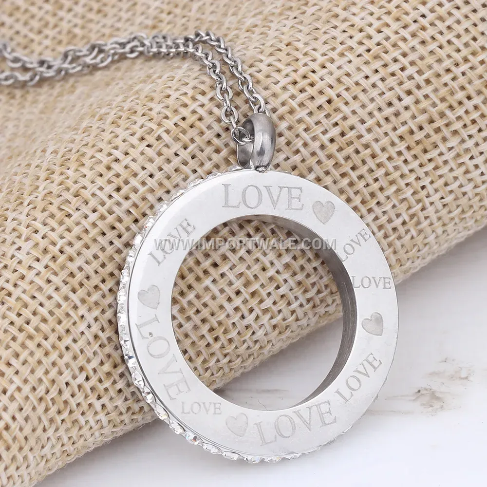 Gold Stainless Steel Engraved Love Circle Pendant Necklace with Crystals