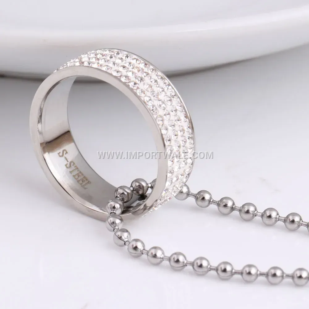 Stainless Steel Four Row Rhinestone Convertible Ring Pendant Necklace