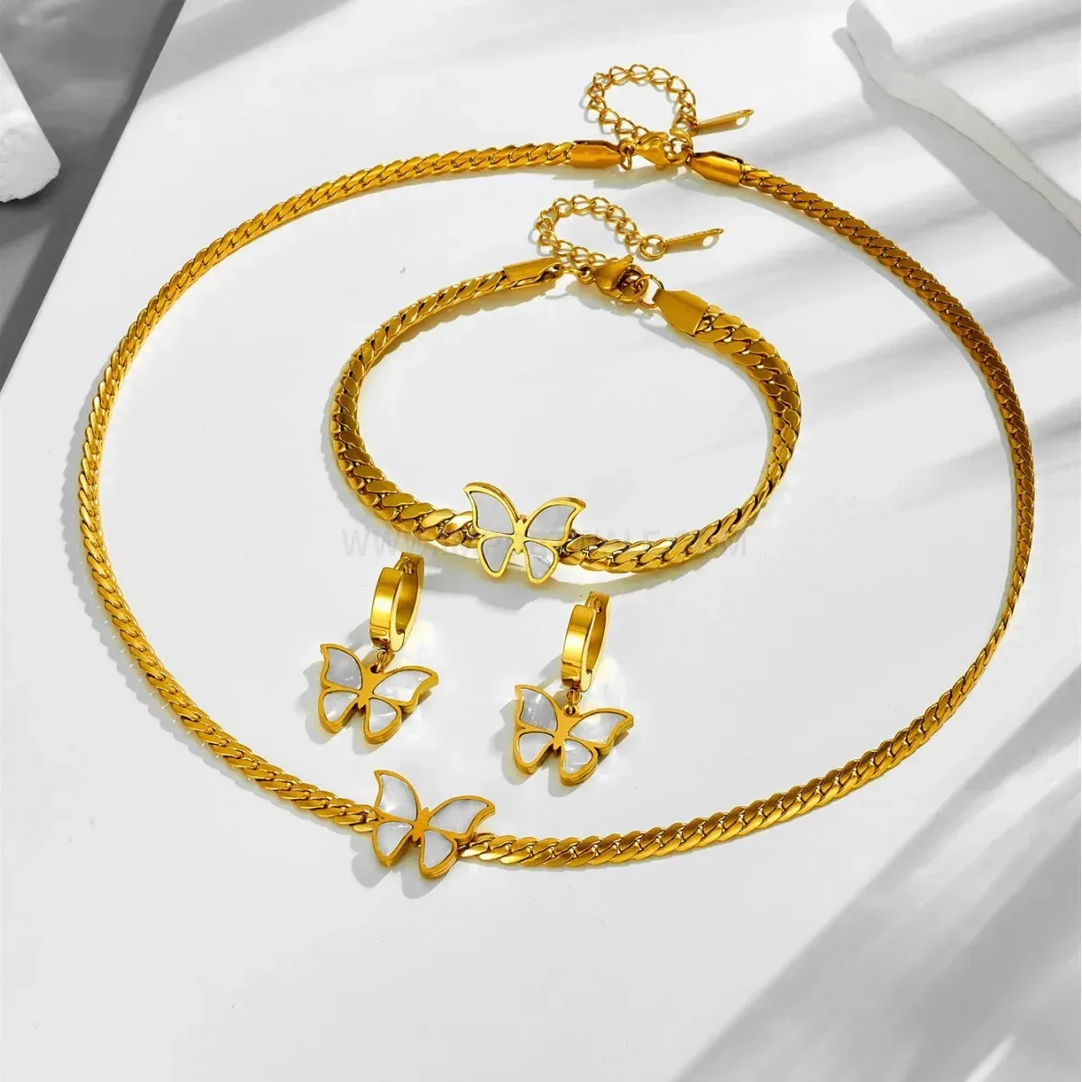 Classic Titanium Steel White Shell Butterfly Jewelry Collection