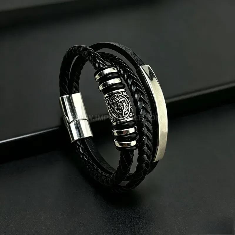 Elegant Men Braided Leather Bracelet with Viking Patterned Beads