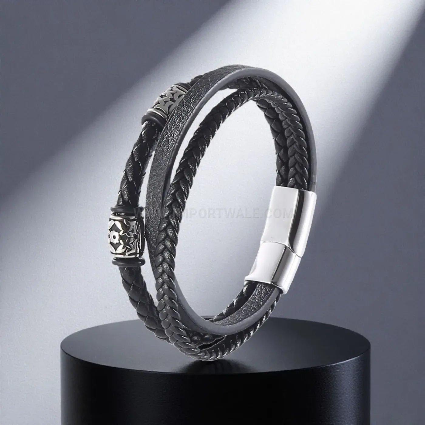 Woven Leather Strand Stainless Steel Magnetic Clasp Bracelet