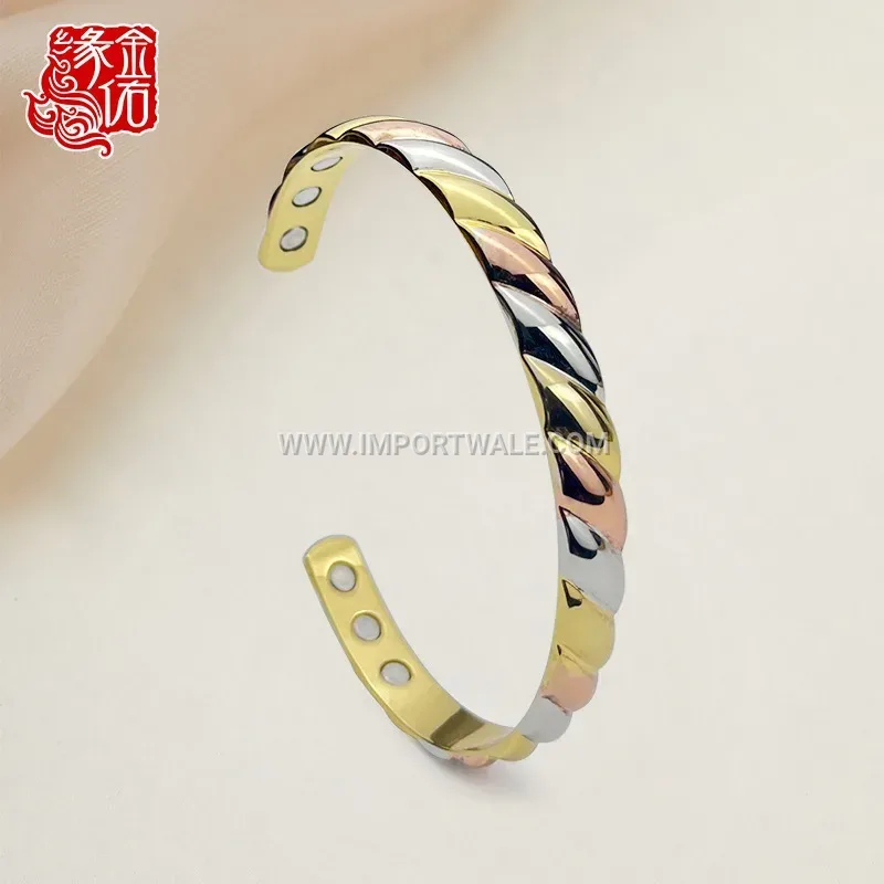 Tricolor Twisted Brass Open Cuff Magnetic Bracelet