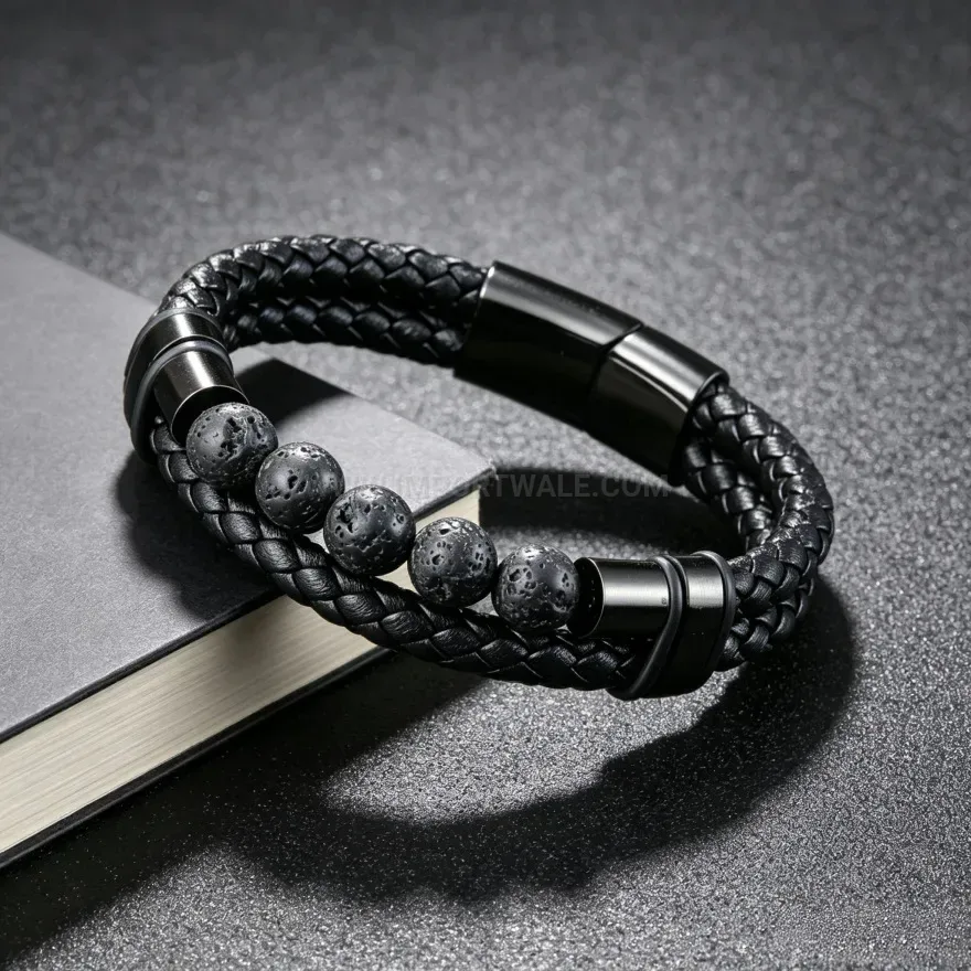 Chic Multi Layer Woven Leather Bracelet with Natural Lava Stone Beads