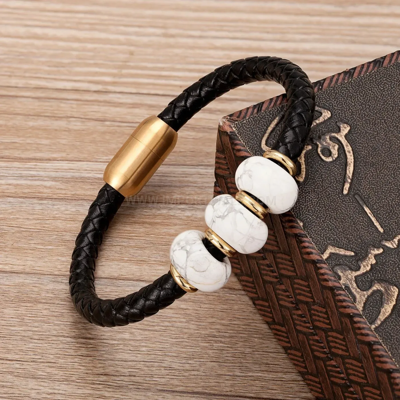 Braided Leather and Stone Cuff Bracelet with Stainless Steel Clasp
