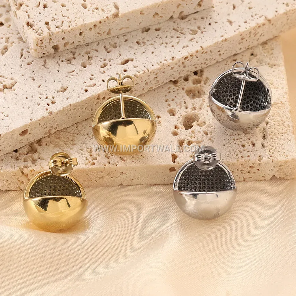 Hollow Sphere Stainless Steel Stud Earrings in Gold Tone