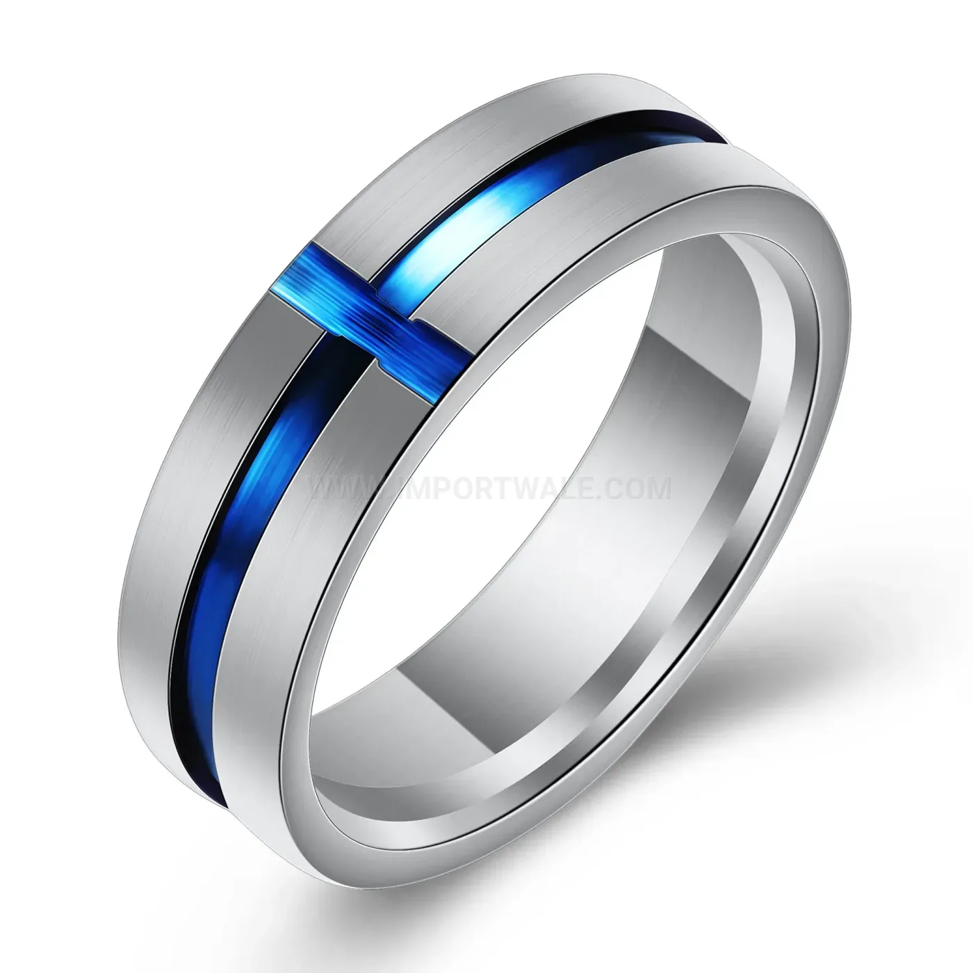 Stylish Blue Drip Epoxy Cross Accent Stainless Steel Band Ring