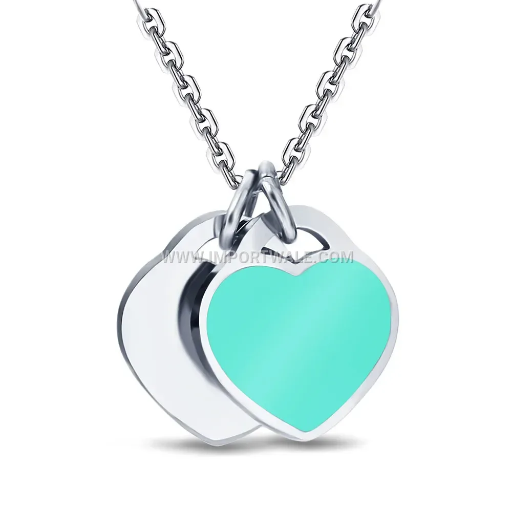 Blue Enamel Double Heart Stainless Steel Pendant Necklace