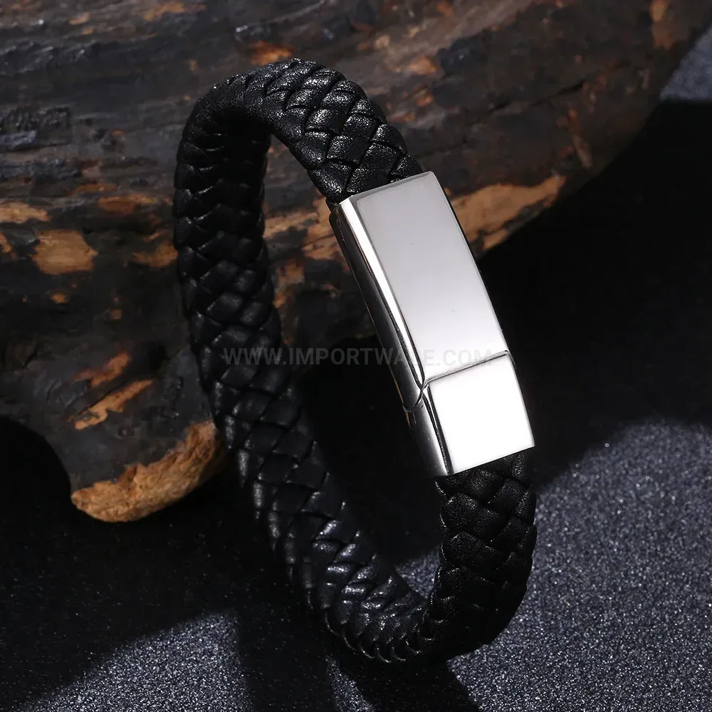 Mirror Finished Stainless Steel Woven Leather Cuff