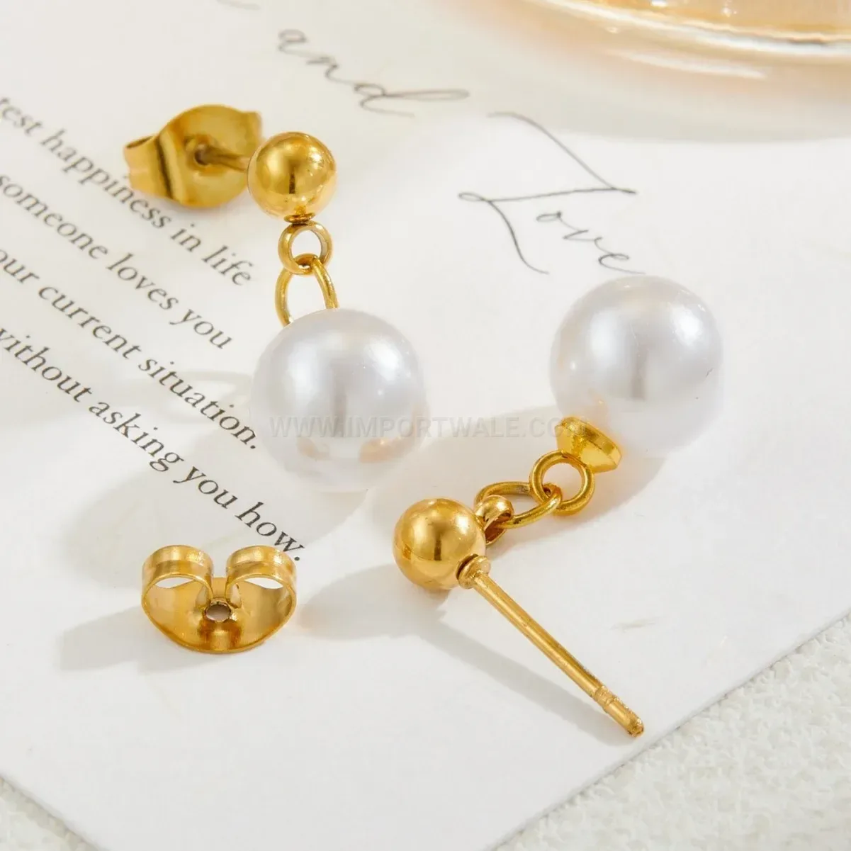French Luxury Gold Plated Stainless Steel Pearl Drop Earrings