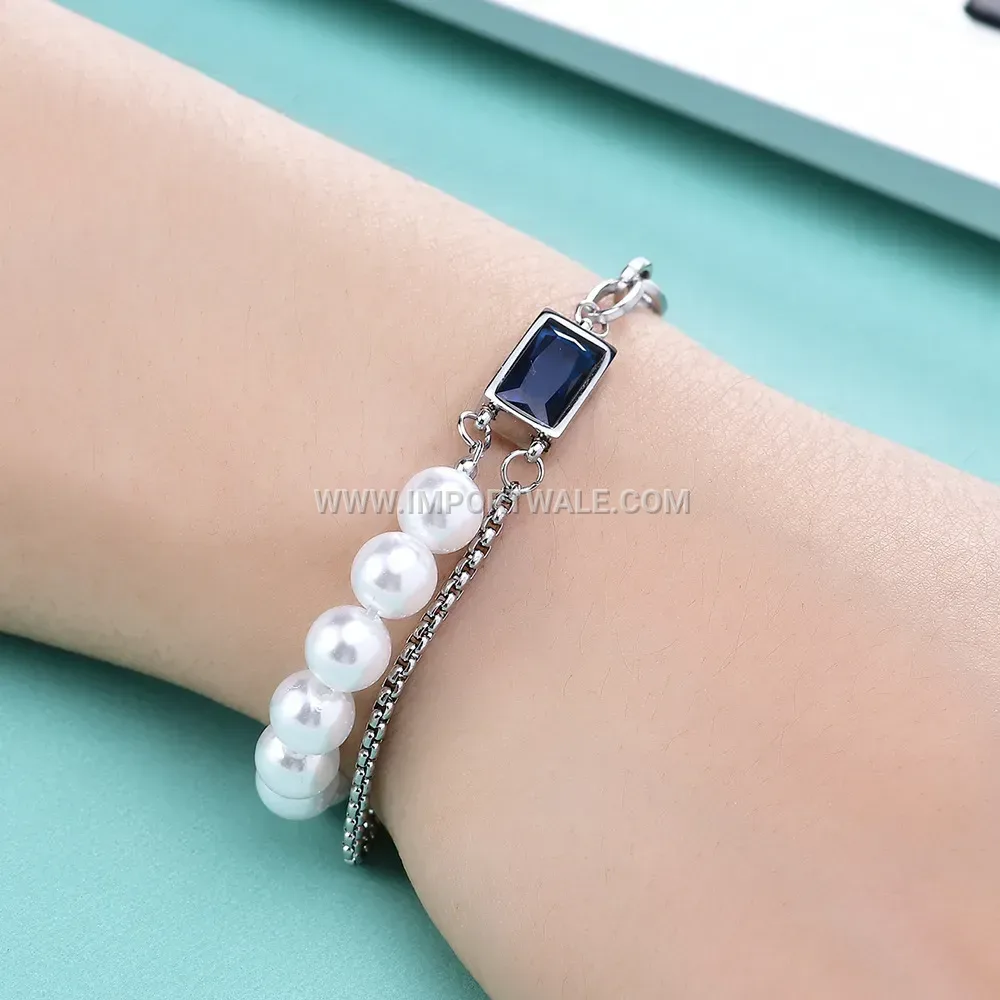 Double Layer Stainless Steel Link Bracelet with Sapphire and Imitation Pearl