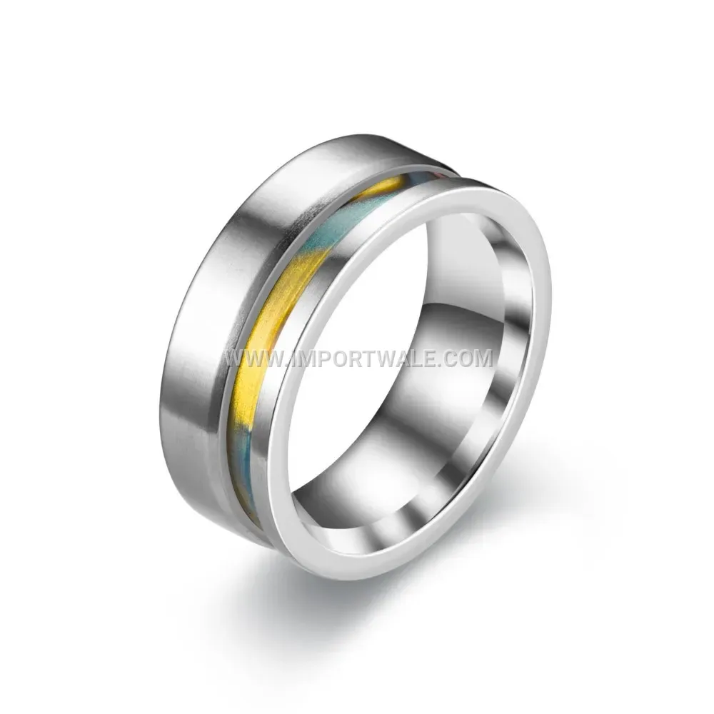 Stainless Steel Grooved Inlay Ring with Iridescent Shell Motif