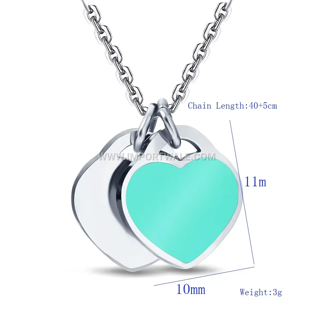 Blue Enamel Double Heart Stainless Steel Pendant Necklace