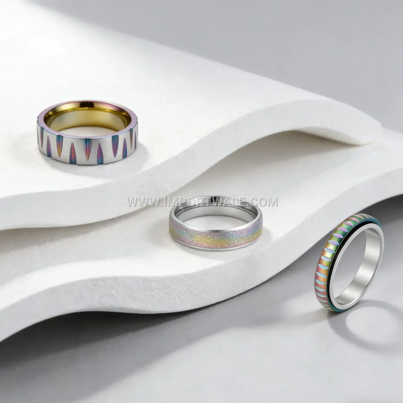 Rainbow Brushed Tapered Striped Stainless Steel Ring