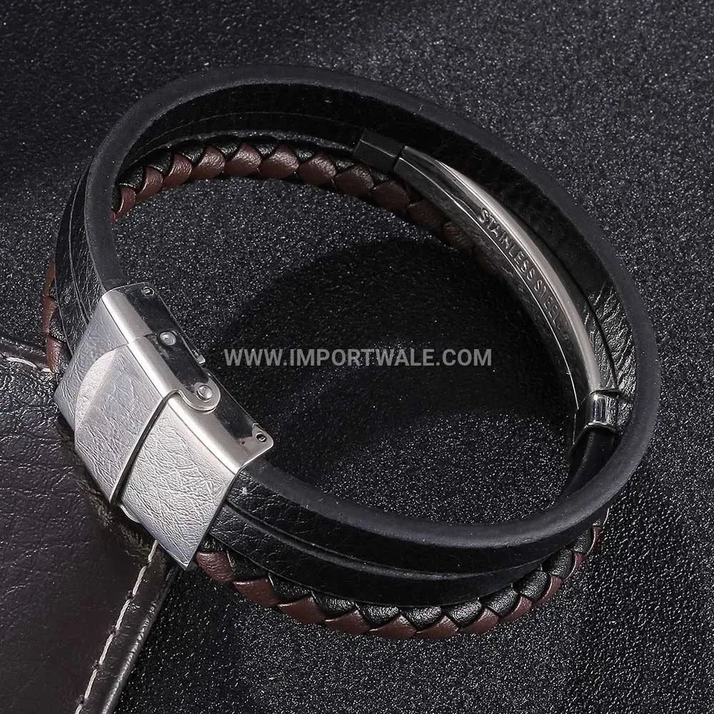 Triple Ring Woven Leather Stainless Steel Men Bracelet