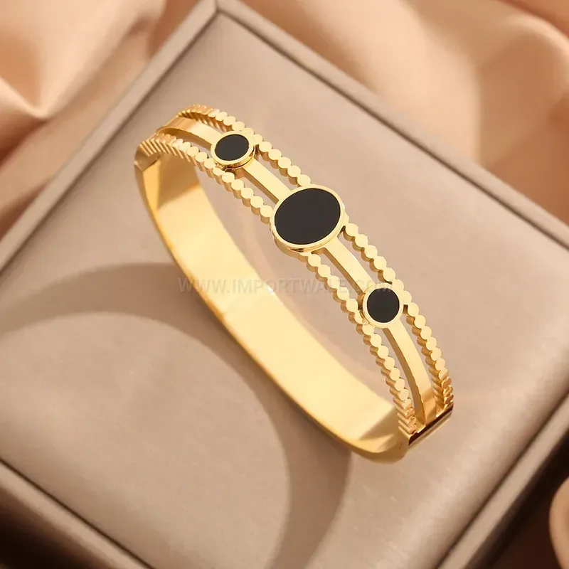 Hollow Polka Dot Black Shell Titanium Steel Bangle