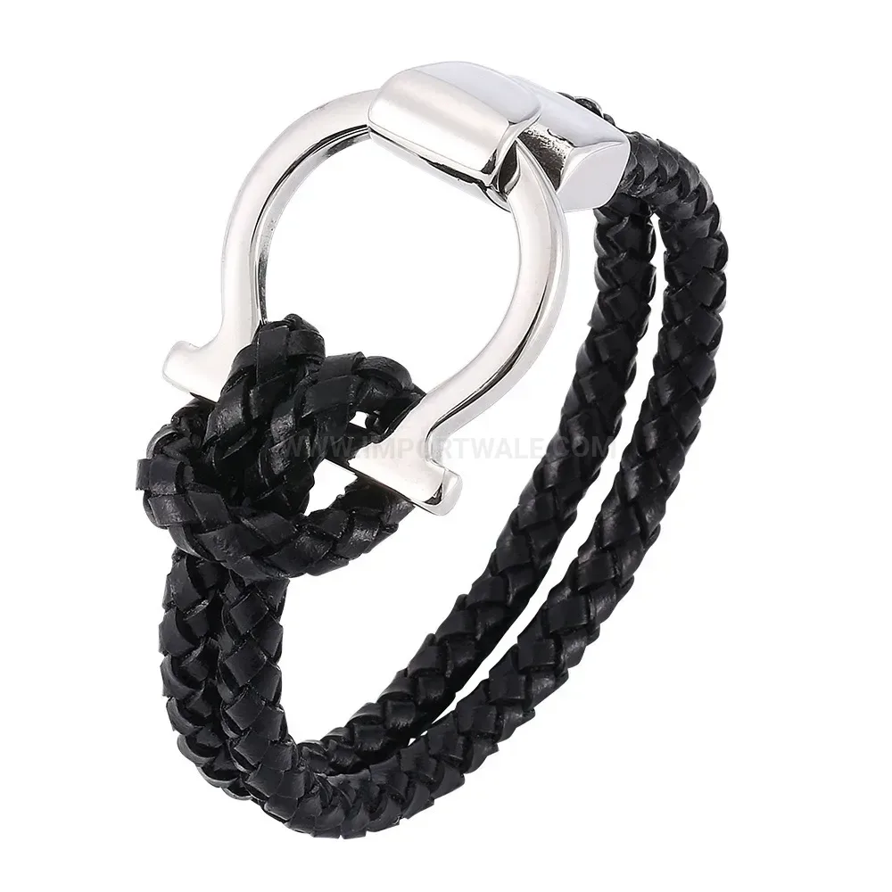 Braided Black Leather Wristband with Stainless Steel Clasp