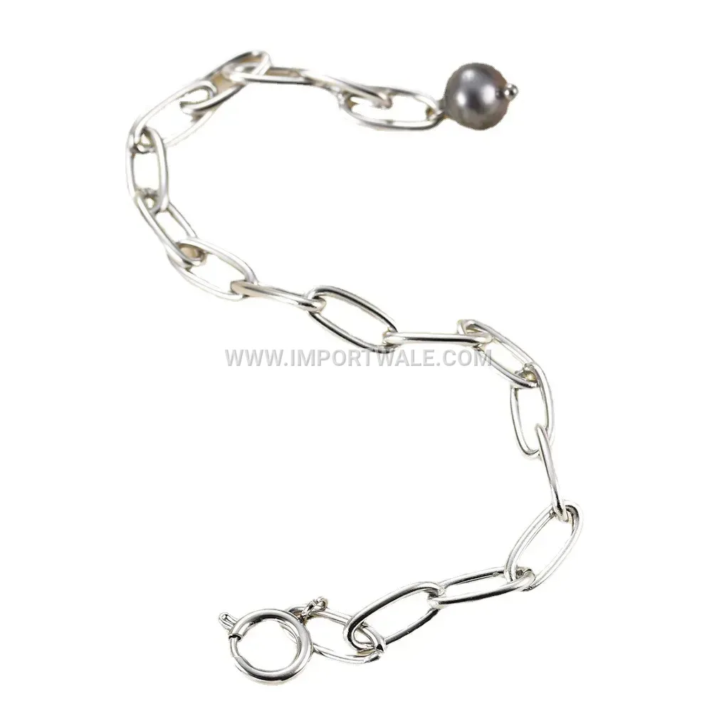 Minimalist Black Faux Pearl Paperclip Chain Stainless Steel Bracelet