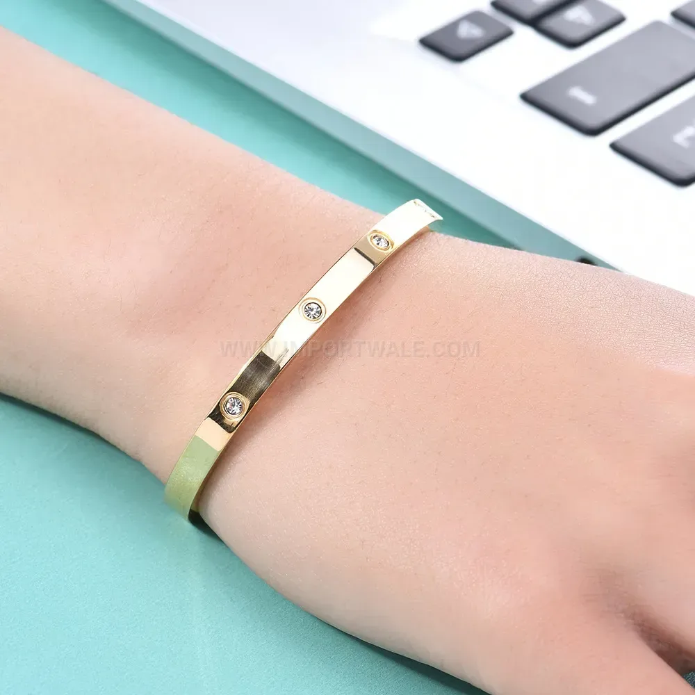 Chic Embellished C-Shaped 18K Gold Plated Stainless Steel Bangle