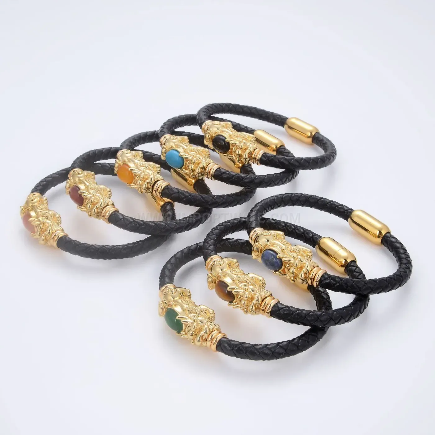 Retro Pixiu Leather and Natural Stone Bracelet with Stainless Steel Clasp
