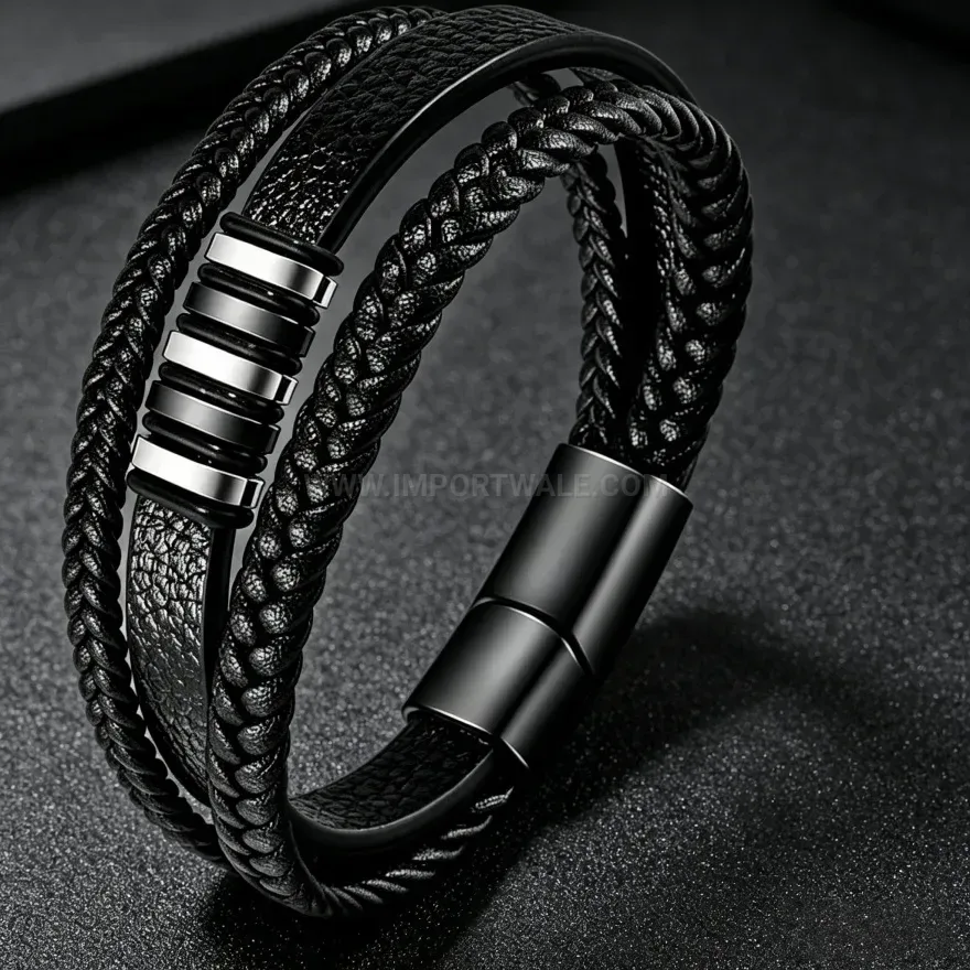 Classic Men Stainless Steel Magnetic Clasp Faux Leather Cuff Bracelet