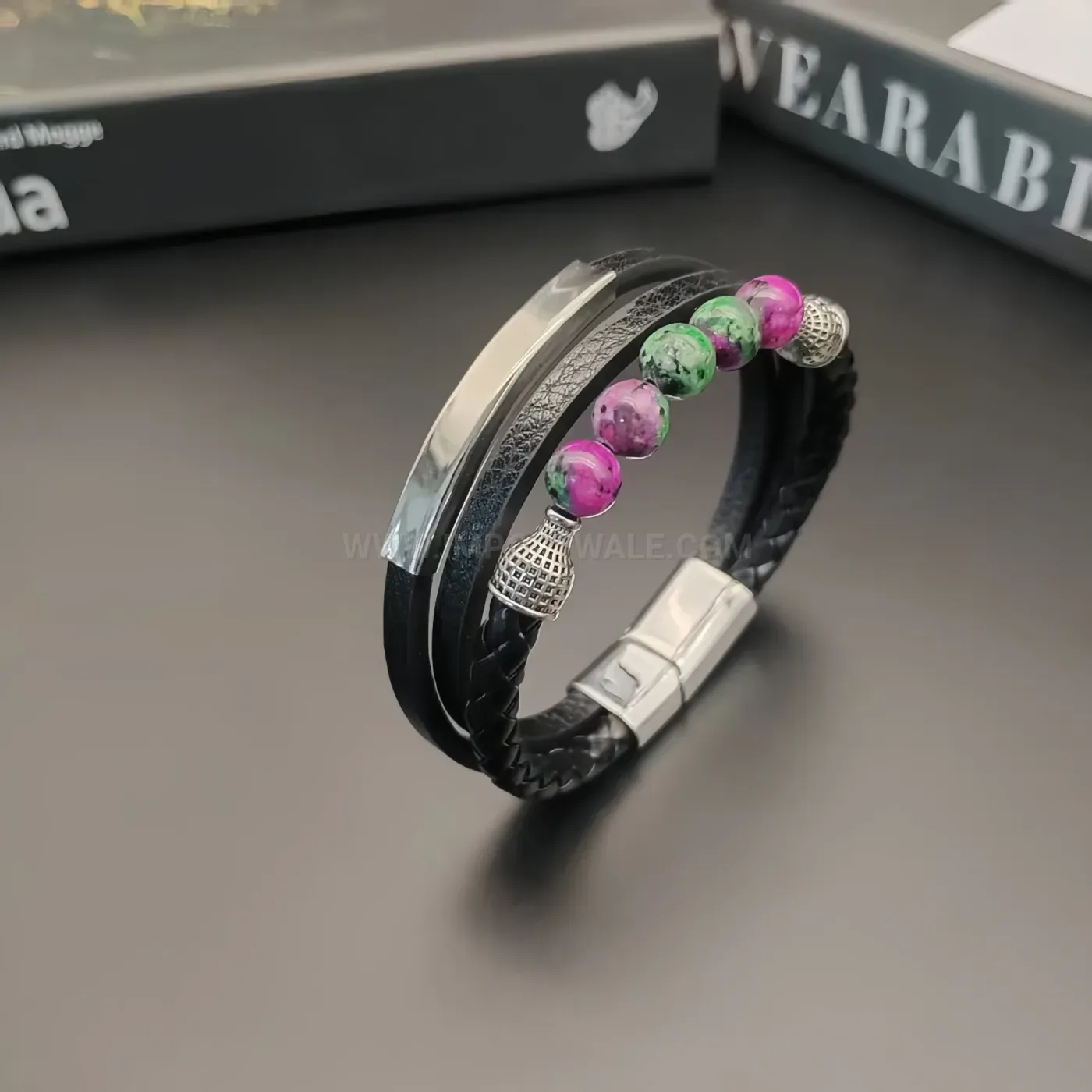 Classic Natural Gemstone Beaded Multi Layer Braided Leather Bracelet