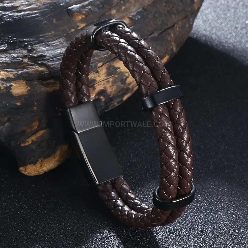 Vintage Braided Leather Bracelet with Stainless Steel Magnetic Clasp
