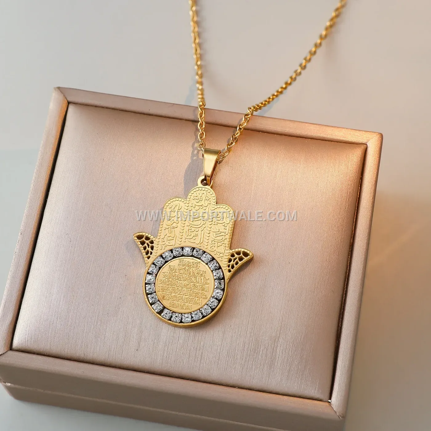Zircon Ayatul Kursi Palm Stainless Steel Islamic Pendant Necklace