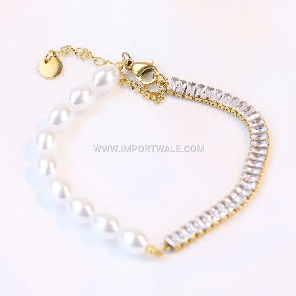 Faux Pearl Splice Stainless Steel Cubic Zirconia Bracelet
