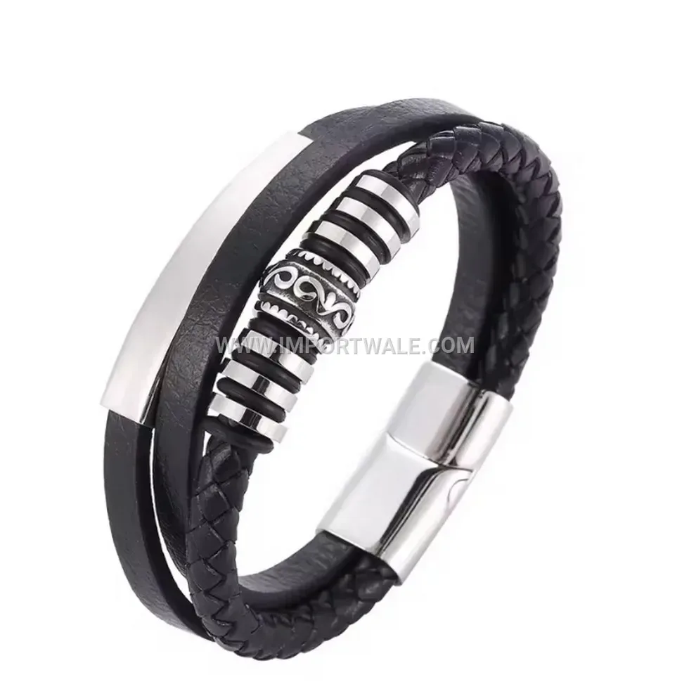 Woven Leather Cord Bracelet Metallic Accent Wristband