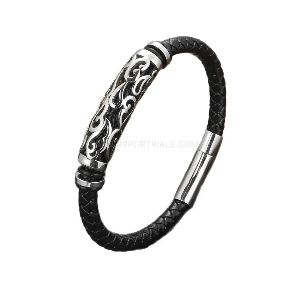 Fashion Vintage Hollow Braided Leather Men Bracelet With Magnetic Clasp