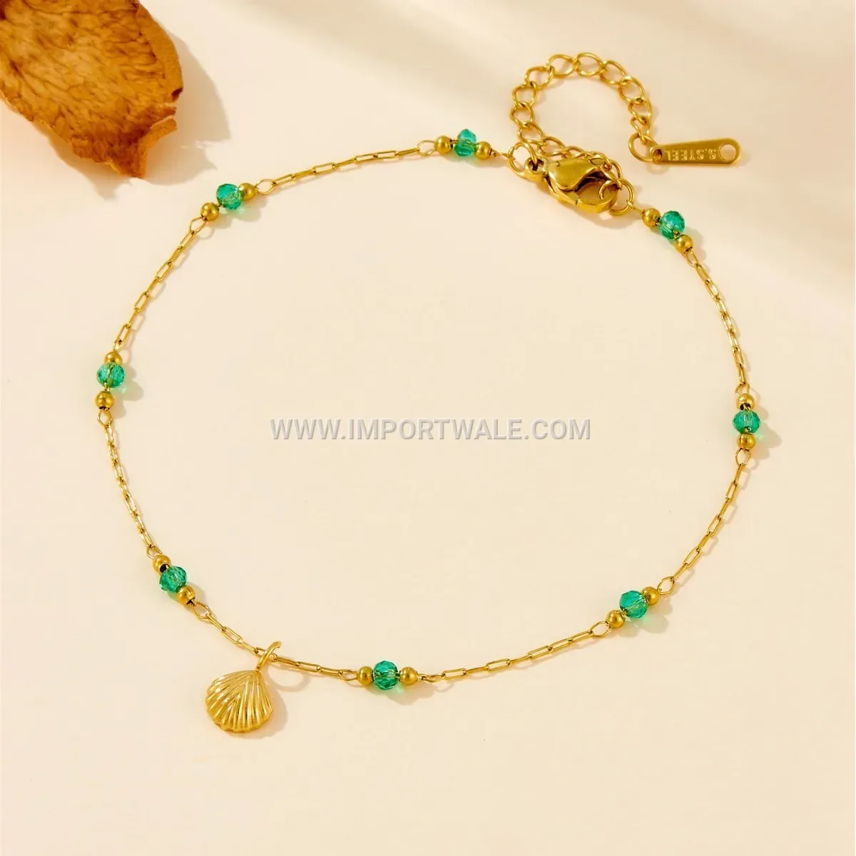 Gold Plated Stainless Steel Green Stone Shell Anklet