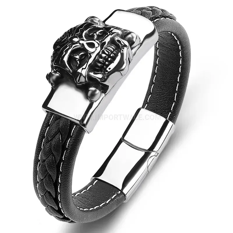 Elegant Demon Motif Stainless Steel Accent Wide Leather Band Bracelet