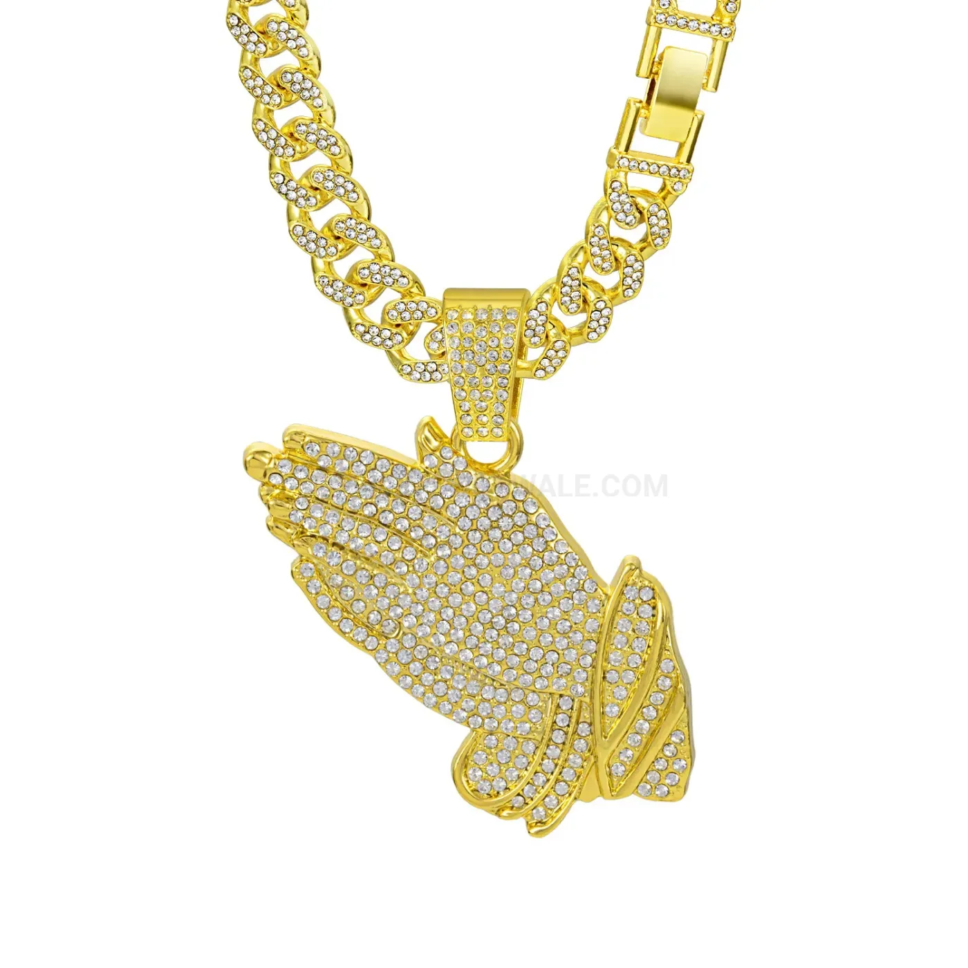 Classic Iced Out Praying Hands Pendant Cuban Chain Necklace