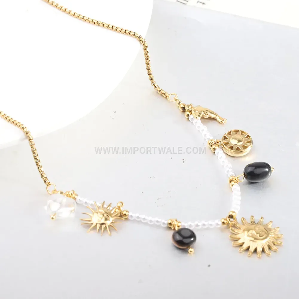 Stainless Steel Beaded Heart Pendant Necklace with Gemstones and Pearls