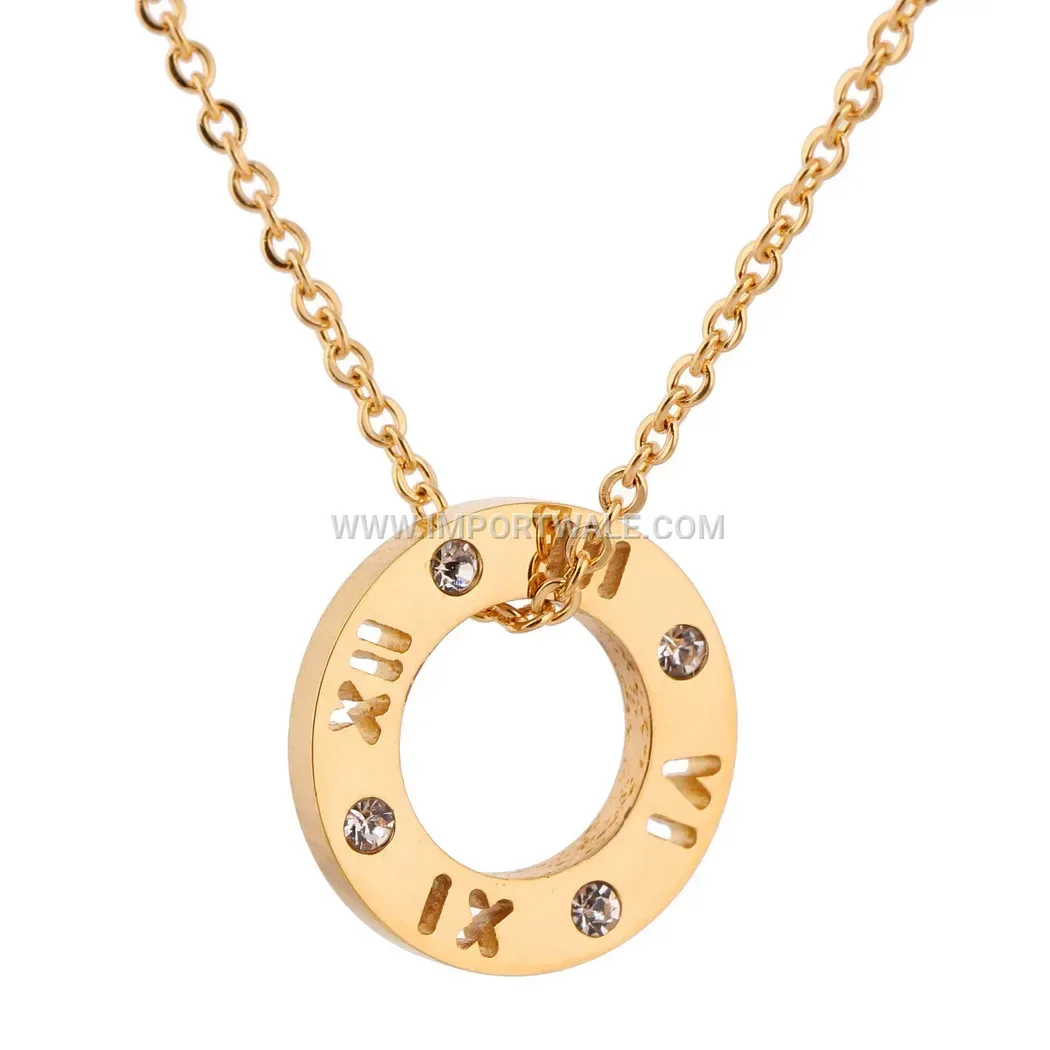 Stainless Steel Cutout Roman Numeral Rhinestone Circular Necklace