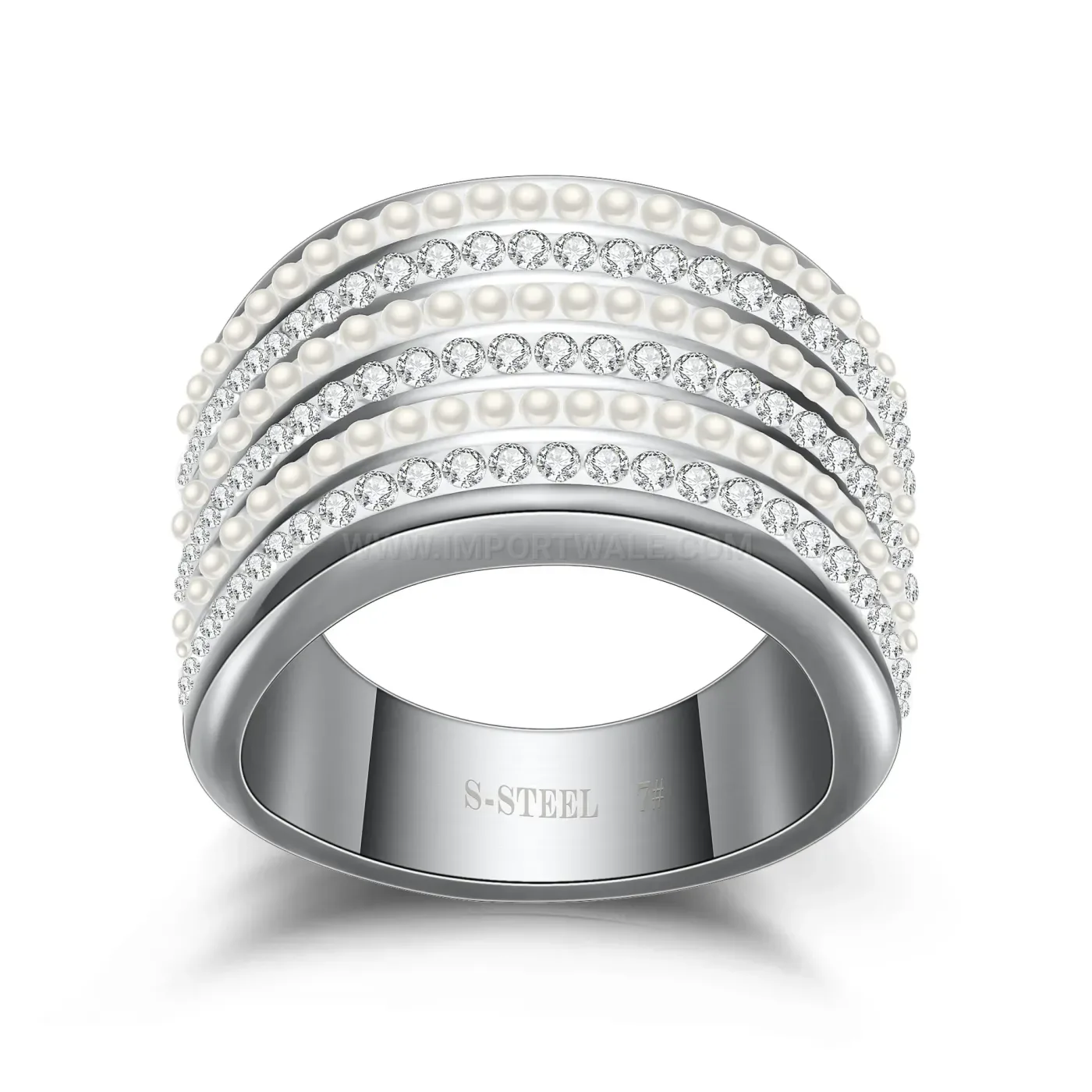 Elegant Pearl and Rhinestone Stainless Steel Accent Ring