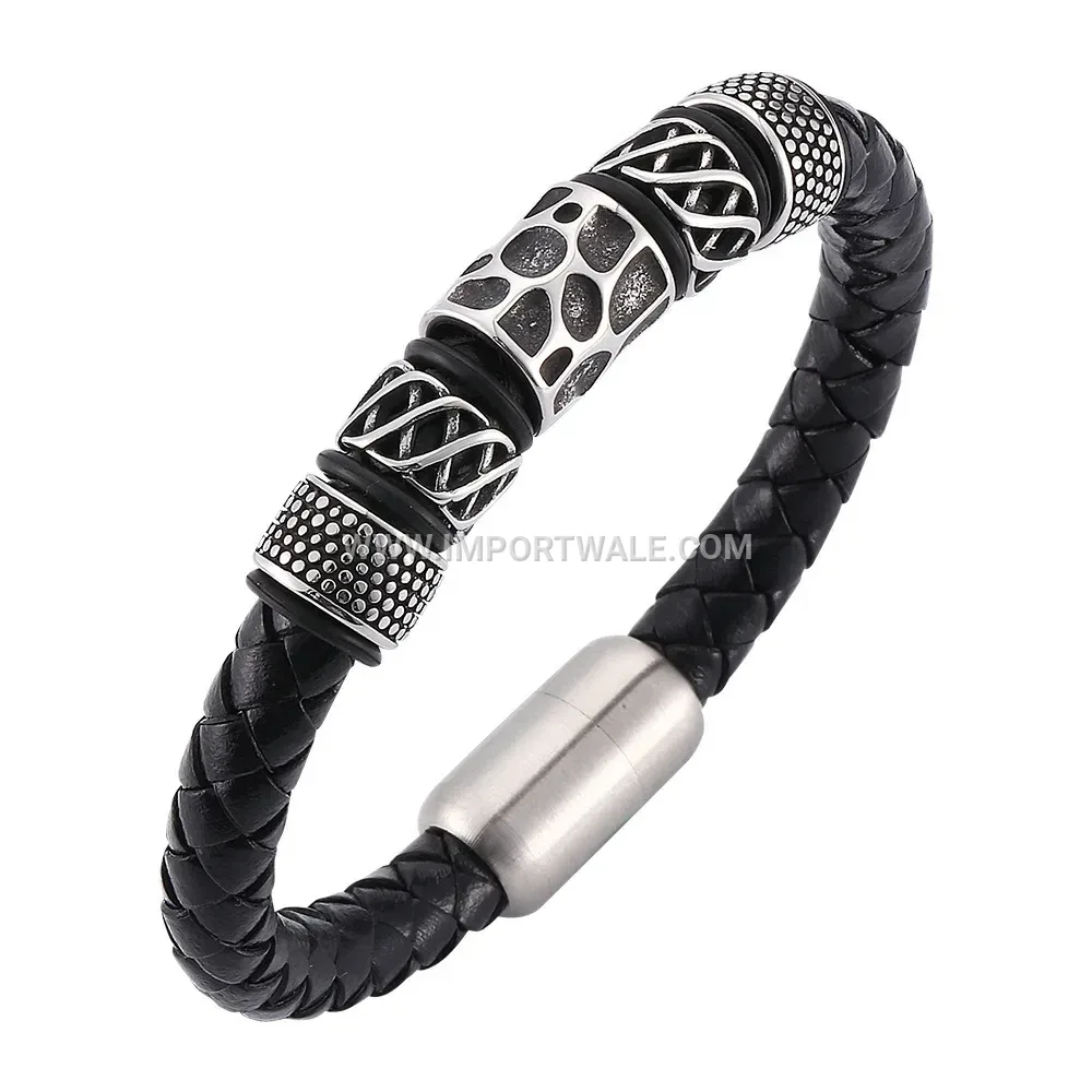 Geometric Stainless Steel Leather Cord Men Bracelet